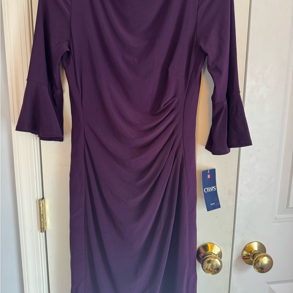 Chaps Deep Purple Ruched Sheath Dress with Bell Sleeves